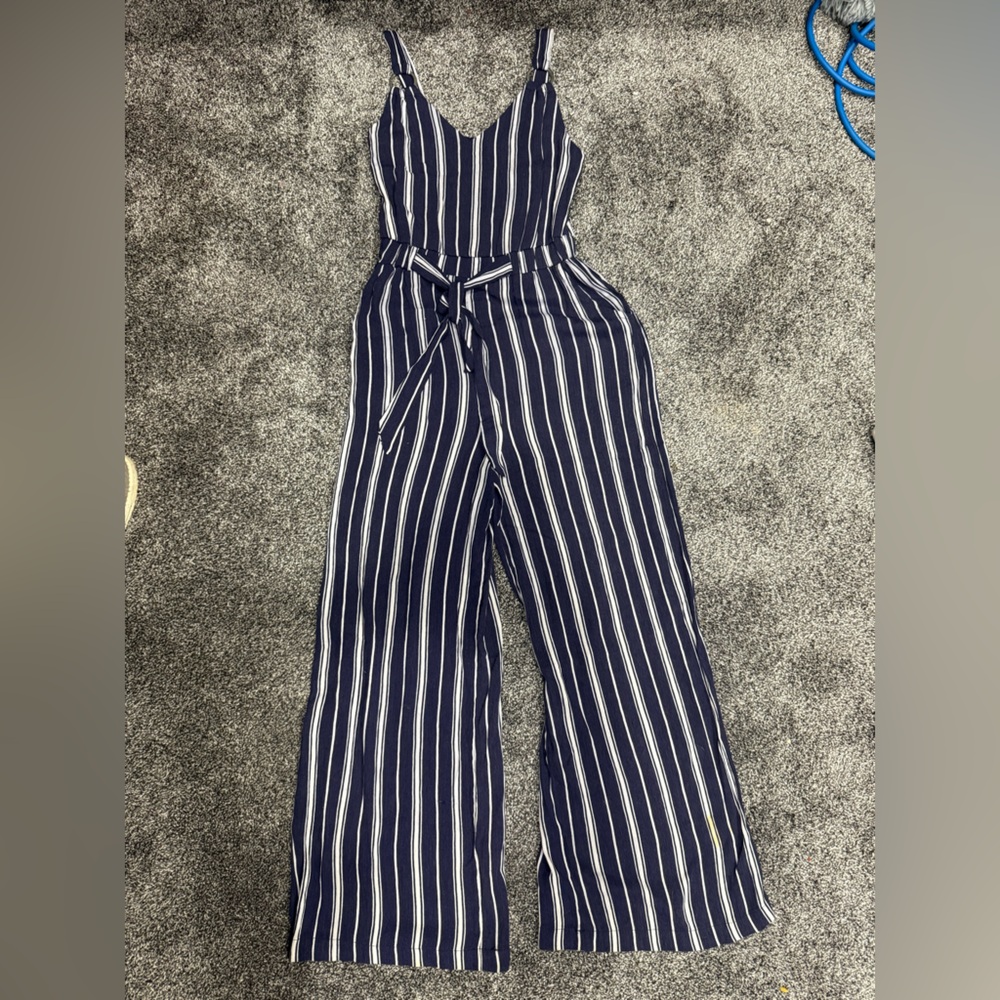 No Boundaries Juniors Navy and White Vertical Striped O-Ring Cinched Romper